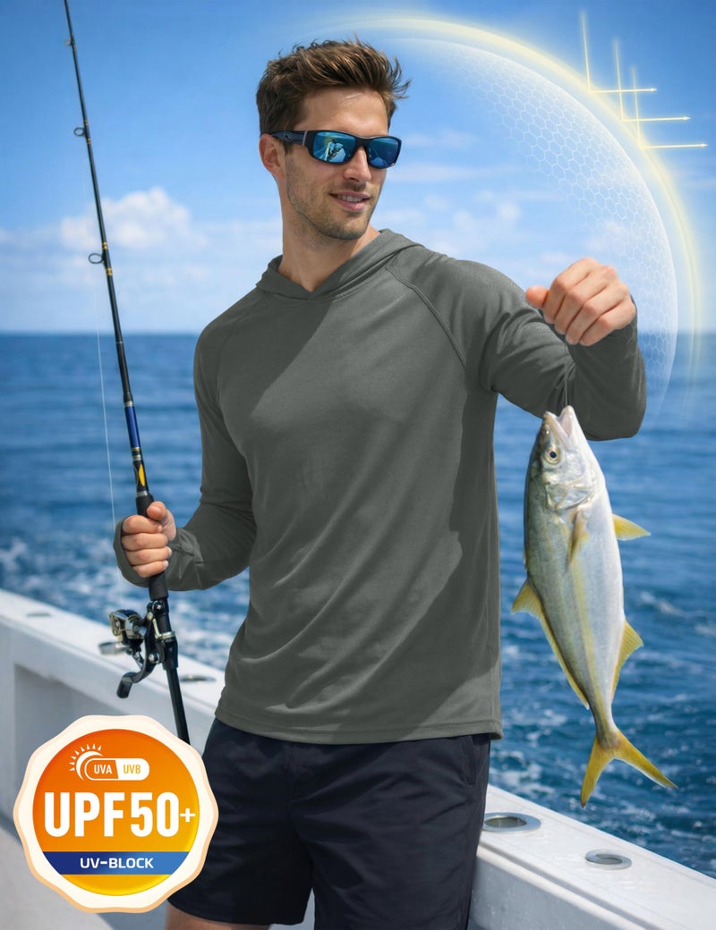 KEFITEVD Men Swim Shirt Sun UV Protection Long Sleeve Quick Dry Water Beach Rash Guard Workout Gym Hoodie Dark Gray S - Image 3